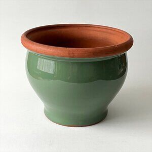 Vtg Green Glazed Bellied Ceramic Planter Terracotta Interior Urn Style Plant Pot